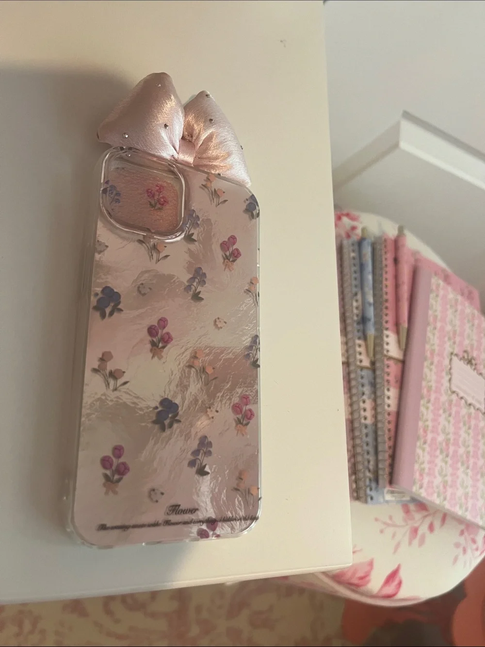 New Pink Foil Floral IPhone 13  Case with Satin Bow